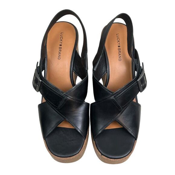 Lucky Brand Womens Platform Wedge Sandals Delayne Black Leather Slingback Sz 8.5 - Picture 5 of 9